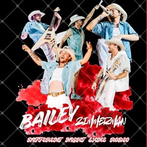Puede incluir: Un diseño gráfico que muestra a Bailey Zimmerman en varias poses, con sombreros de vaquero blancos, camisas azul claro y pantalones blancos. El texto dice Bailey Zimmerman y Different Night Same Rodeo, sobre un efecto de humo rojo y fondo de rejilla negra.