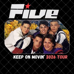 May include: A black graphic t-shirt featuring the word Five in white with a red star above it. Below, a photograph shows five young men posing together against a background of yellow autumn trees. The text Keep On Movin' 2026 Tour appears below.