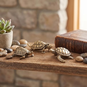 May include: Three small, metallic, bronze-toned turtle figurines with detailed shell patterns and textured skin. The turtles are positioned on a wooden surface alongside a weathered brown book, a small potted succulent, and several smooth river stones.