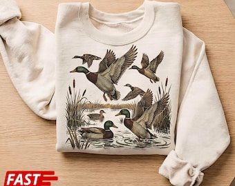 Sudadera de estilo vintage con estampado de pato ánade real y aves acuáticas volando y nadando.