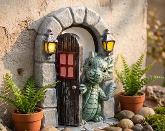Estatua de resina de un dragón asomándose por una puerta de piedra, decoración de pared para jardín mítico.