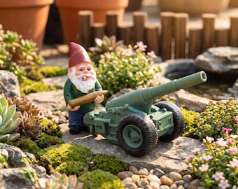 Divertido conjunto de gnomos en miniatura con cañón, escultura de resina original para el hogar y la oficina.