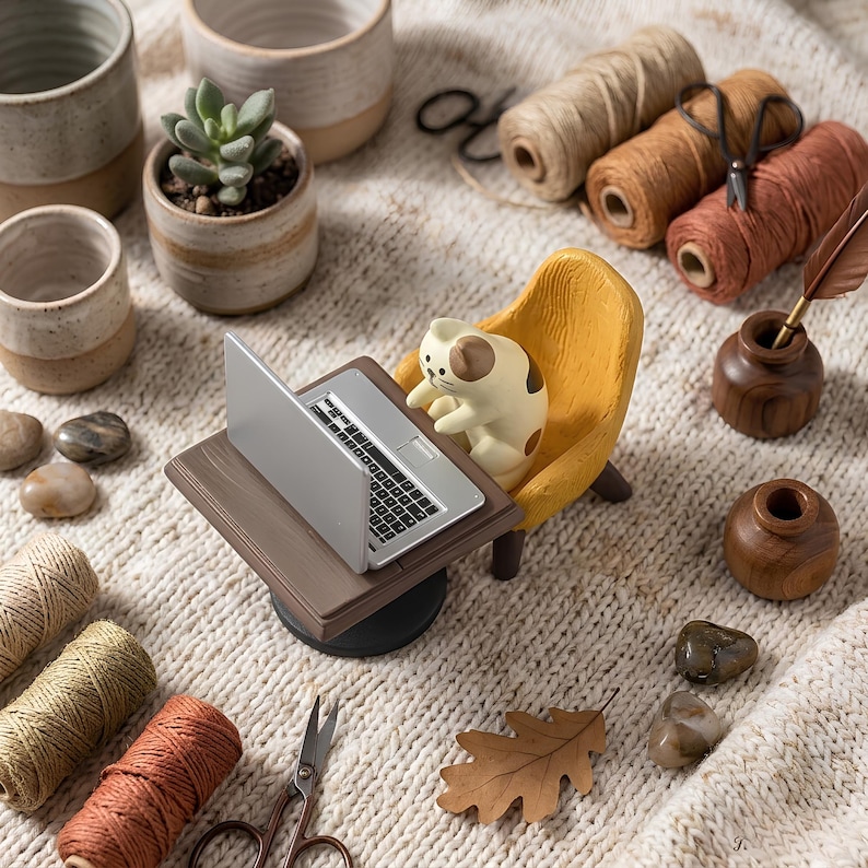 May include: A miniature figurine of a cream and brown cat sitting in a yellow armchair at a small brown desk with a silver laptop. The scene includes ceramic pots, spools of colored twine, wooden inkwells with a quill, scissors, and stones.