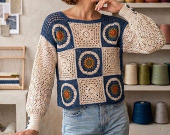 Patrón de ganchillo para jersey de patchwork artesanal, suéter de cuadrados hexagonales estilo abuela (PDF en inglés)