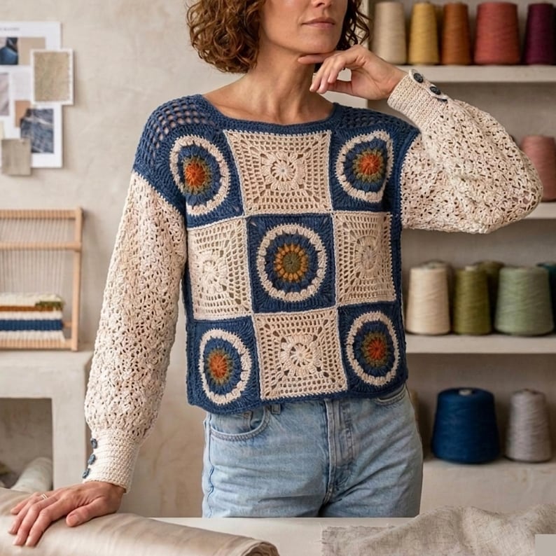 May include: A handmade crochet sweater featuring a patchwork design. The sweater has a square neckline and long sleeves. The body of the sweater is made of blue and cream-colored squares with circular and floral patterns. The sleeves are cream-colored with button details.
