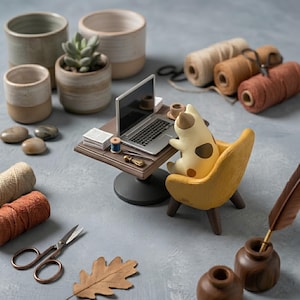 May include: A miniature scene featuring a cream-colored cat figurine with brown spots sitting in a yellow armchair at a small brown desk with a laptop, a stack of papers, a spool of blue thread, and a small brass tool, surrounded by yarn, pots, and scissors.