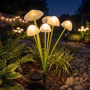 May include: A solar-powered garden light fixture featuring six illuminated mushroom-shaped caps on thin green stems. The translucent white caps emit a warm glow, supported by a black base with a solar panel, positioned in a garden setting.