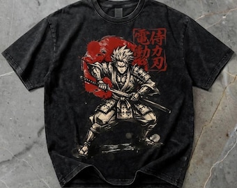 Camiseta extragrande con estampado de samurái lavado a la nieve, camiseta de algodón estilo streetwear japonés vintage.
