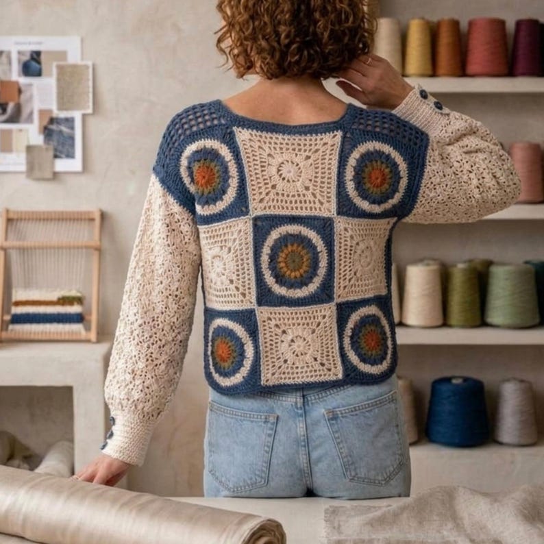 May include: A handmade crochet sweater featuring a patchwork design with blue, cream, and orange squares. The sleeves are cream-colored with a textured pattern, and the sweater is paired with blue jeans. The back of the person is visible.