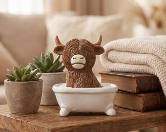 Divertida escultura de resina de vaca de las Tierras Altas, decoración original para el baño y el escritorio.