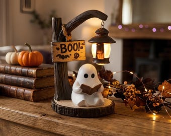 Lámpara de lectura con forma de fantasma de Halloween, lámpara de escritorio artesanal con temática de libros, luz nocturna de resina.