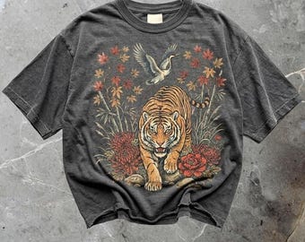 Camiseta retro con estampado de tigre, camiseta unisex de estilo bohemio vintage con estampado de gato montés.