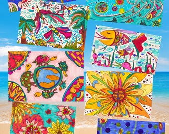 ハッピーサマーポストカードセット｜カラフルな手描きの海と花のアート｜ボヘミアンフォークアートポストカード