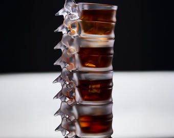 May include: A clear glass sculpture of a spine filled with amber liquid. The sculpture is a stack of vertebrae, each holding a portion of the liquid. The background is black and white, with the sculpture reflecting on the surface.