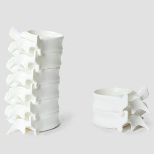 May include: White ceramic spine-shaped candle holders. One stack of six and one stack of two are displayed. The candle holders have a detailed, anatomical design, perfect for a unique home decor accent.
