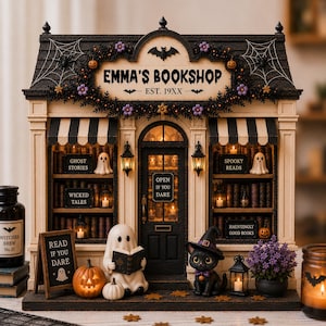 Peut inclure: Une maquette de librairie intitulée EMMA'S BOOKSHOP EST. 19XX, avec des auvents rayés noirs et blancs, des toiles d'araignée et des décorations d'Halloween. La boutique affiche des panneaux GHOST STORIES, WICKED TALES, SPOOKY READS, HAUNTINGLY GOOD BOOKS.