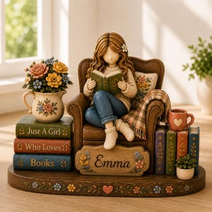 Könnte beinhalten: Eine Figur einer Person mit langem braunem Haar, die in einem braunen Sessel sitzt und ein grünes Buch liest. Der Sockel zeigt den Namen Emma, einen Bücherstapel mit der Aufschrift Just A Girl Who Loves Books, einen Blumenkrug und eine Tasse mit Herz.
