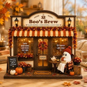 May include: A miniature Boo's Brew coffee shop model featuring a ghost figure in a red beanie sitting in a rocking chair. The storefront has a striped awning, autumn leaf garlands, a welcome mat, a chalkboard sign, and warm interior lighting.