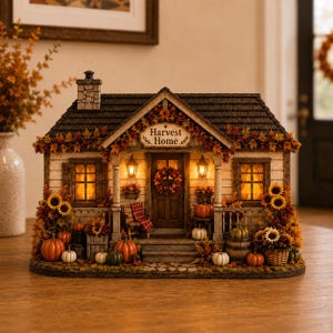 以下が含まれることがあります： Harvest Homeと書かれたミニチュアハウスの置物。石造りの煙突、明かりの灯るランタンがある玄関ポーチ、ドアのリースが特徴です。外観は秋の紅葉、ひまわり、様々なオレンジや緑のカボチャで装飾されています。