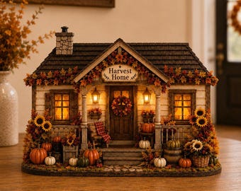 May include: A miniature house figurine labeled Harvest Home, featuring a stone chimney, a front porch with lit lanterns, and a wreath on the door. The exterior is decorated with autumn leaves, sunflowers, and various orange and green pumpkins.