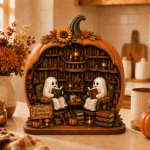 May include: A decorative pumpkin-shaped diorama featuring two white ghost figures sitting in armchairs reading books inside a miniature library. The scene includes shelves of books, small lanterns, autumn leaves, sunflowers, and a sign reading Emma's Bookshop.