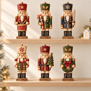 May include: A set of six decorative nutcracker figurines arranged on two shelves. The figures feature various holiday-themed accessories including a drum, candy cane, sword, gift box, Christmas tree, and wreath, all painted in red, green, blue, and white.