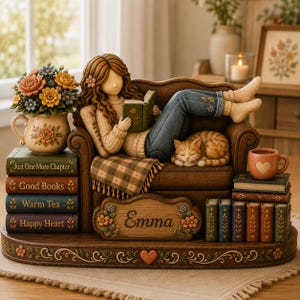 May include: A figurine of a person with long brown hair reading a green book while reclining on a brown armchair with a sleeping orange tabby cat. The base features the name Emma, floral accents, and stacks of books titled Just One More Chapter.