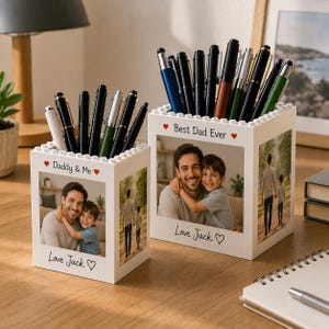 Personalisierter Papa Fotoblock Bleistifttopf, Benutzerdefinierter Daddy & Me Bilderblock, Vatertagsgeschenk der Tochter, Familienhalter Fotoandenken