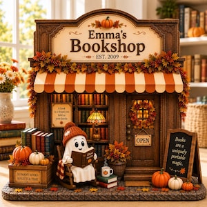 Panneau en bois personnalisé « Librairie fantôme », présentoir miniature automnal pour étagère de librairie, décoration de coin lecture cosy, cadeau pour amoureux des livres