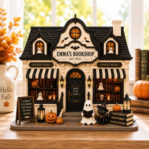 May include: A miniature illuminated model of Emma's Bookshop featuring a black and cream facade, striped awnings, and Halloween-themed decor including ghosts, pumpkins, a black cat, and books. The sign reads Emma's Bookshop Est. 19XX and Open If You Dare.