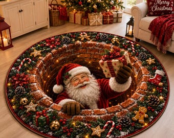 Santa Claus 3D Illusion Round Rug, Santa Christmas Tree Vortex Rug, Santa Claus Floor Mat, Christmas Gift For Family, Holiday Home Decor