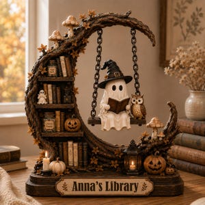 Bloc en bois personnalisé « Coin lecture fantôme », présentoir miniature de bibliothèque fantôme personnalisé, cadeau coin lecture pour les amoureux des livres, présentoir de bibliothèque