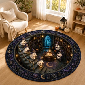 May include: A round area rug featuring a 3D-style illustration of a library interior with stone stairs, bookshelves, and multiple white ghosts wearing purple witch hats. The border is decorated with moons, stars, cats, and potion bottles.
