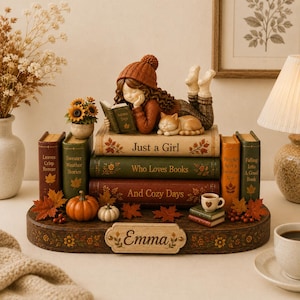 May include: A decorative figurine of a person in a knit hat lying on a stack of books titled Just a Girl Who Loves Books And Cozy Days, accompanied by a cat, pumpkins, sunflowers, and a small coffee cup, with the name Emma on the base.