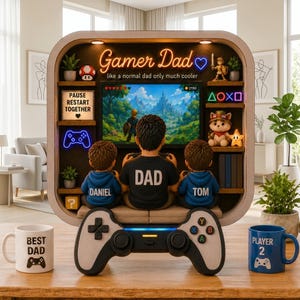 May include: A wooden gamer-themed display with the text "Gamer Dad" and "like a normal dad only much cooler". It features a TV screen, figurines, and a controller. Two mugs and a controller are in the foreground.