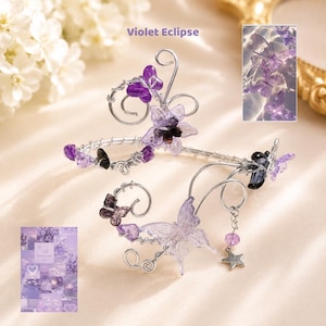 May include: Delicate silver wire butterfly hair accessories with purple and clear accents. The accessories feature butterfly and flower designs, with the text "Violet Eclipse" in the upper left corner.