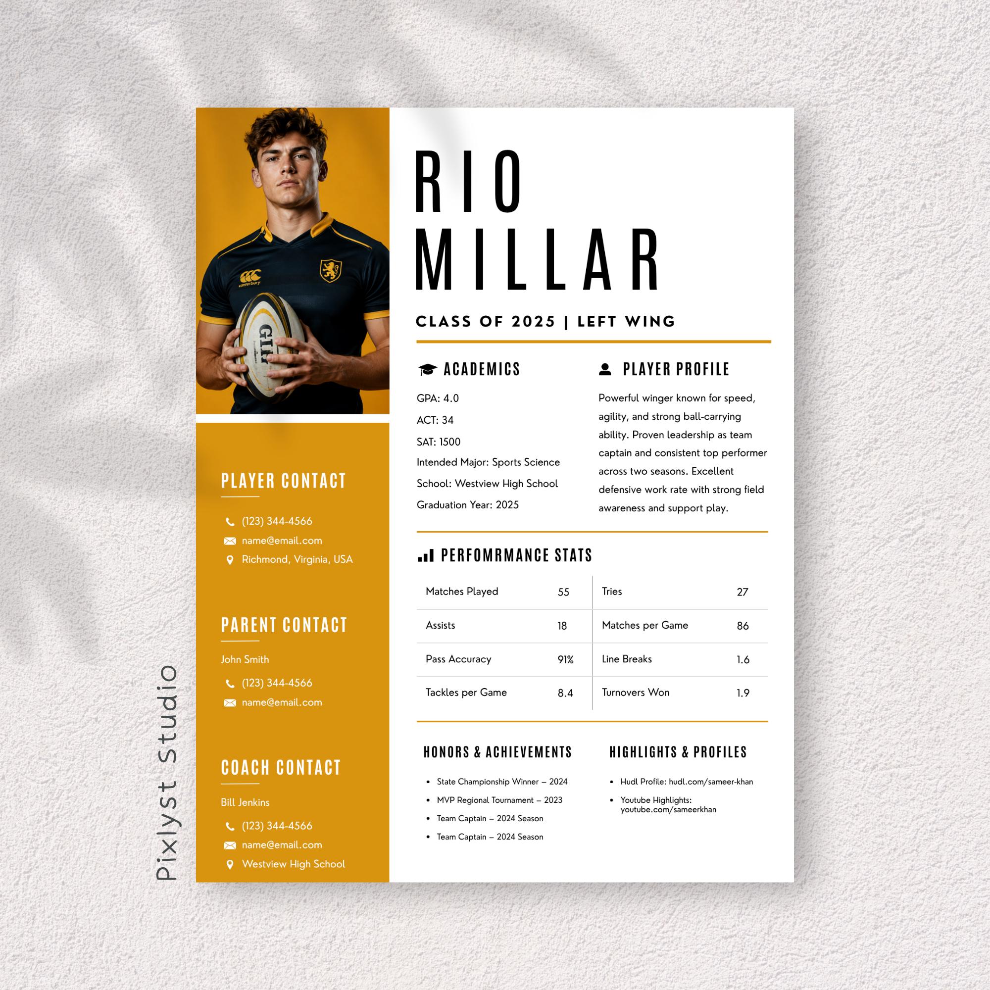 Soccer Resume Template Canva | Sports Athlete Profile Sheet | College ...