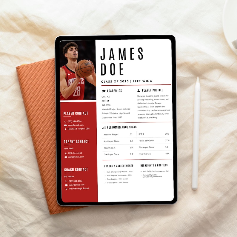 Soccer Resume Template Canva | Sports Athlete Profile Sheet | College ...
