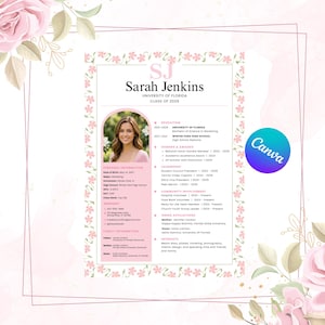 May include: A resume template with a pink and white floral design. The resume includes the name "Sarah Jenkins", University of Florida, and "Class of 2026". The Canva logo is visible in the bottom right corner. The resume is for a student.