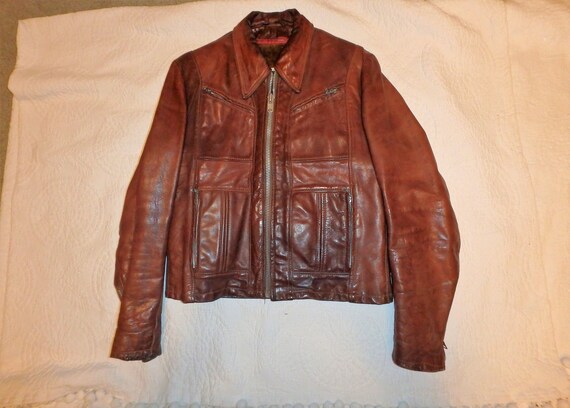 Brown Leather Biker Jacket By Cycle Rider Men's Small - Gem