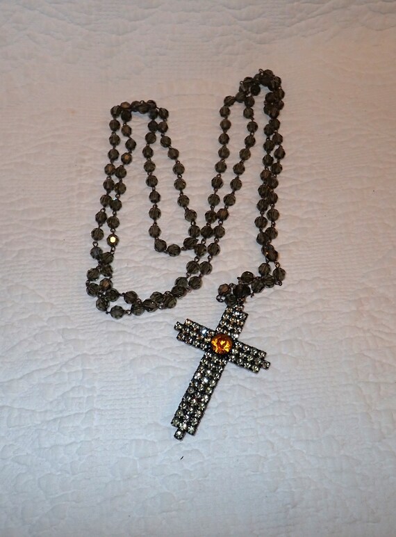 Long Glass Beaded Necklace With Cross