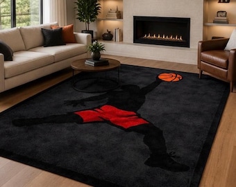 Basketball Tufted Rug, Handmade Sports Area Rug, Black Athlete Carpet, Game Room Decor, Kids Bedroom Rug