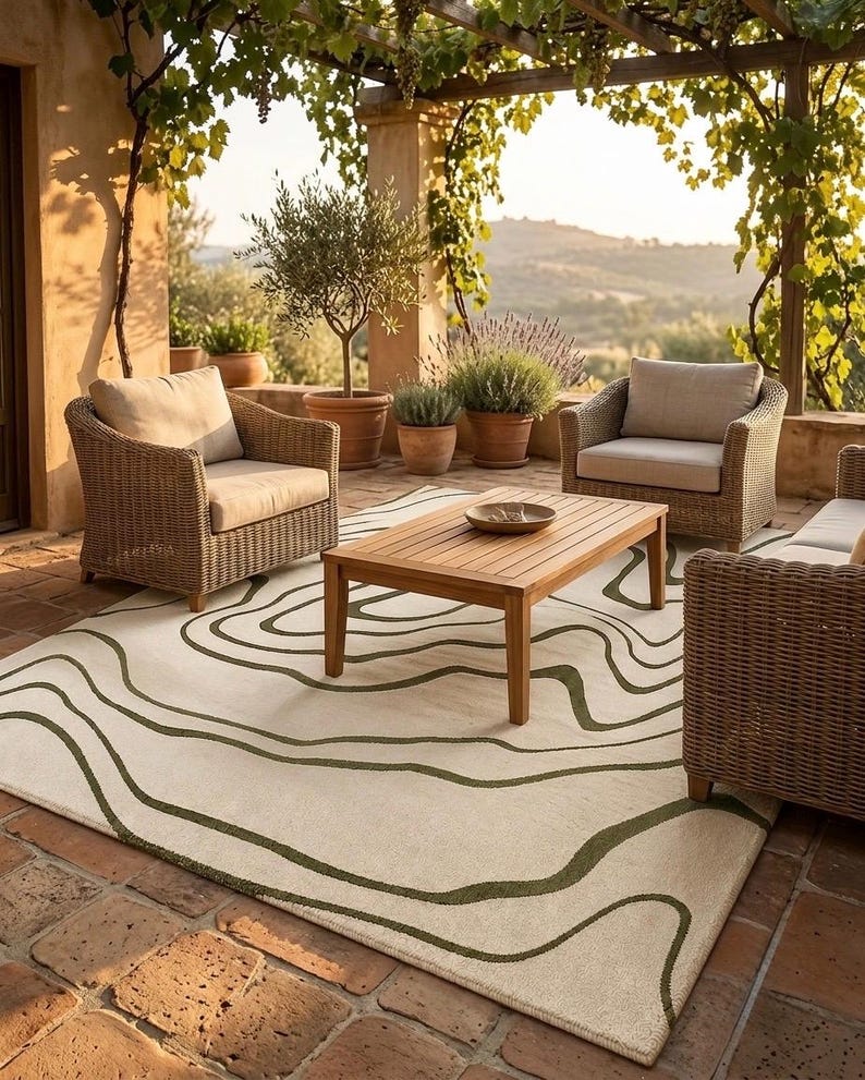 May include: A rectangular area rug featuring a cream-coloured base with dark green, flowing, organic topographic-style contour lines. The rug is positioned on a terracotta tiled floor beneath a wooden coffee table and wicker patio furniture.