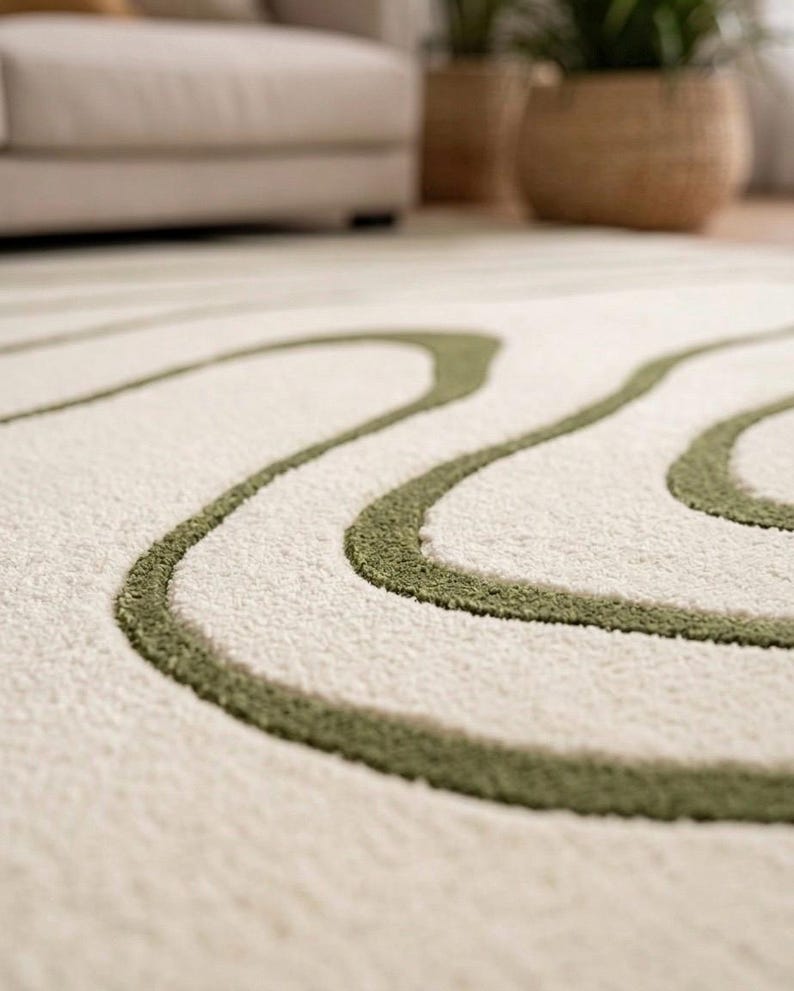 May include: A plush area rug featuring a cream-coloured base with raised, textured olive green lines that form organic, flowing curves across the surface. The rug has a soft, tufted pile construction with a distinct contrast between the colours.