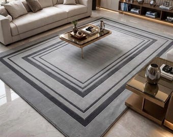 Minimalist Grey Border Area Rug | Handmade Tufted Wool Carpet | Modern Living Room Rug | Luxury Home Decor | Custom Size Rug