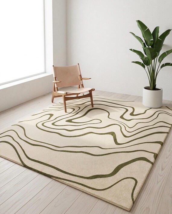 Handmade Tufted Wavy Border Rug, Modern Abstract Area Rug, Green & Ivory Wool Carpet, Living Room Decor