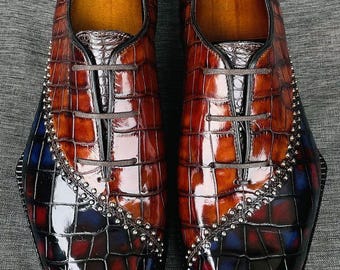 Handmade men burgundy crocodile dress shoes, leather oxford derby shoes for mens