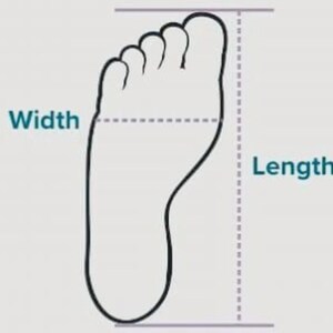 May include: A black line drawing of a human foot silhouette on a light gray background. A horizontal dashed line labeled Width spans the widest part of the foot, and a vertical dashed line labeled Length spans the total length of the foot.