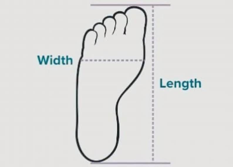 May include: A black line drawing of a human foot silhouette on a light gray background. A horizontal dashed line labeled Width spans the widest part of the foot, and a vertical dashed line labeled Length spans the total length of the foot.