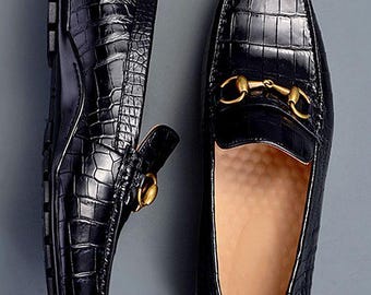 Handgefertigte Männer Krokodil Textur Schwarz Leder Mokassin Schuhe, Loafer Schuhe